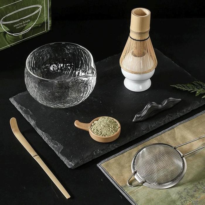 Matcha Glass Bowl Set / Matcha Bowl Set Pengaduk Matcha Bambu / Matcha Bowl High Quality Textured Gl