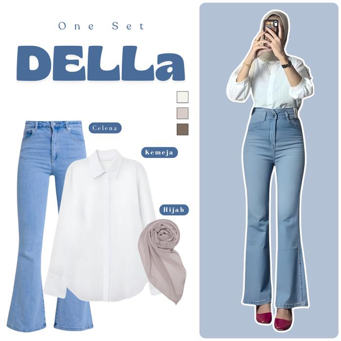 One Set Della 3in1 (Kemeja Basic Celana Jeans Cutbray Hijab Bella Square) Setelan Outfit Berhijab Hi