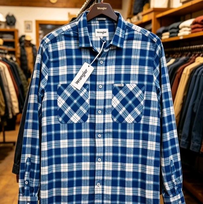 Wrangler Flanel Original Store Baju Pria Pola Kotak-kotak Biru dan Putih
