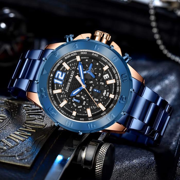 Jam Tangan Pria Jhon Marie 9507 Chrono Stainless Steel Original Blue Safier Bergaransi 12 Bulan