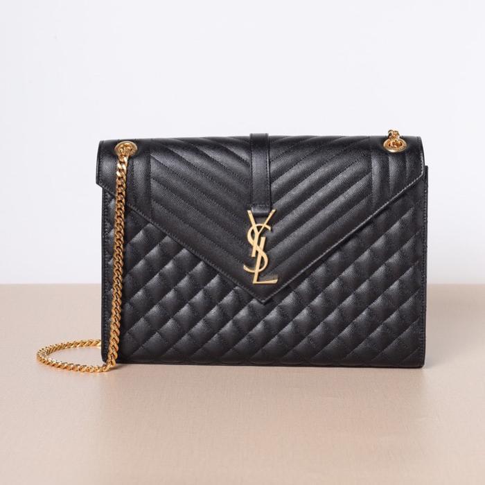 YSL LARGE MONOGRAMME ENVELOPE CHAIN SHOULDER BAG IN BLACK CAVIAR