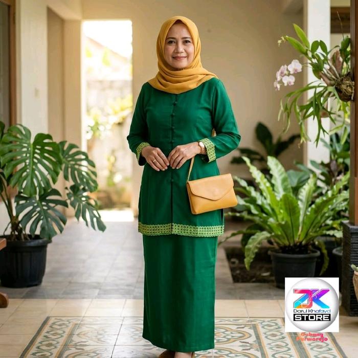 Seragam Setelan Muslimat NU hijau Polos Bordir Manset & Ujung Bawah Baju Rok Model Lipat Sarung untu