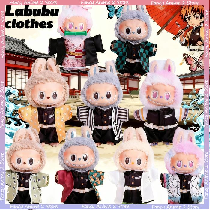 Ghost Slayer Labubu Doll Clothing Cartoon Mitsuri Obanai Nezuko Tanjirou Outfit for Mini Plush Doll 