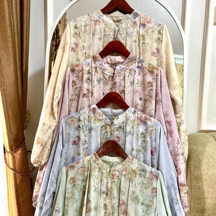 (Anum) Gamis Ceruty Printing Motif Bunga Set Hijab/Anum Dress/Gamis Lebaran