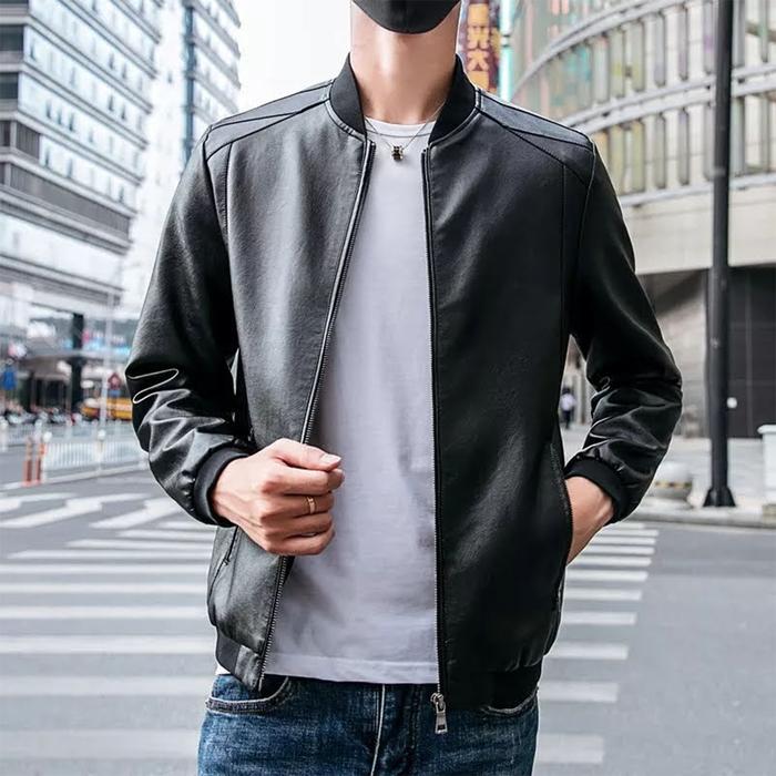 Jaket Kulit Asli Pria Model Bomber Warna Hitam dan Coklat Freestyle Modes