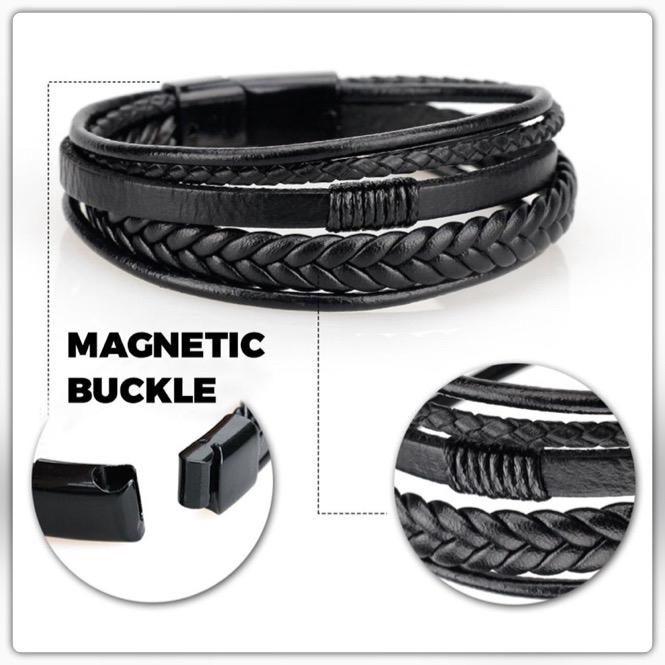 Rexler Gelang Tali Kulit Pria 5 Layer Hitam Bahan Kulit Premium & Titanium Magnetic Model Fashion Cl