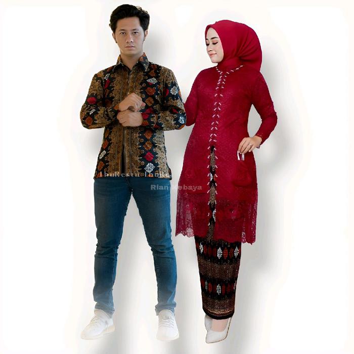 Couple setelan Kebaya premium Payet Maroon Kancing Depan  dan  Kemeja Batik Moderen Kemeja Batik aya