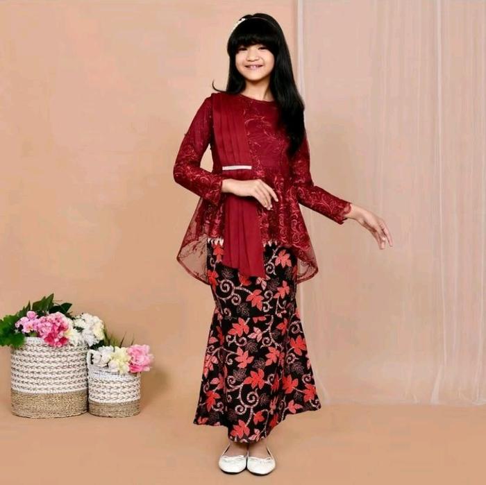 Setelan Kebaya Selendang Anak Perempuan / Kebaya Brokat Mix Rok Duyung / Kebaya Kartini / Kebaya Wis