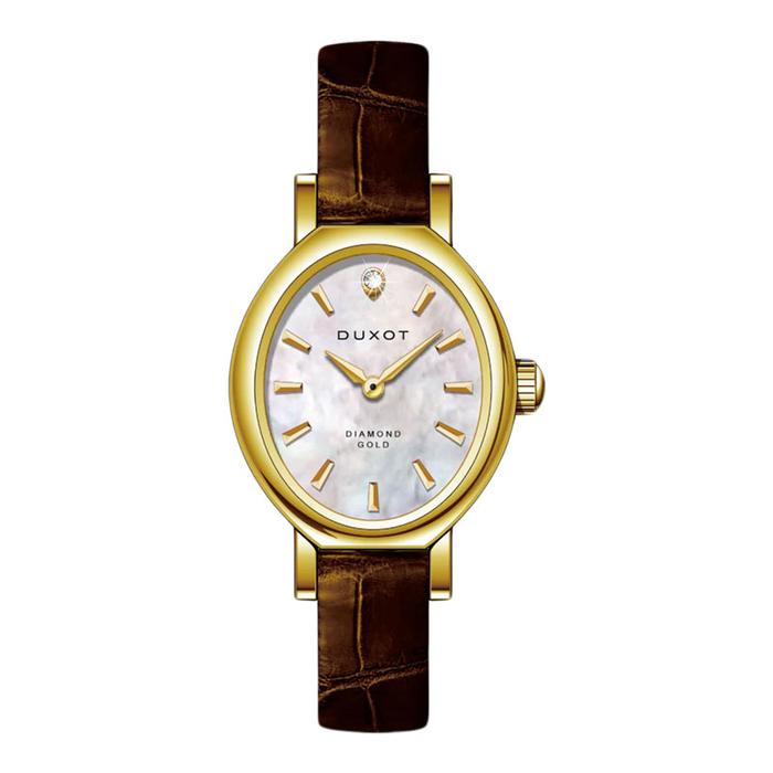 Jam Tangan Wanita DUXOT DX-2043-01 Ladies Gold Diamond White MOP Dial Brown Leather Strap Limited Ed