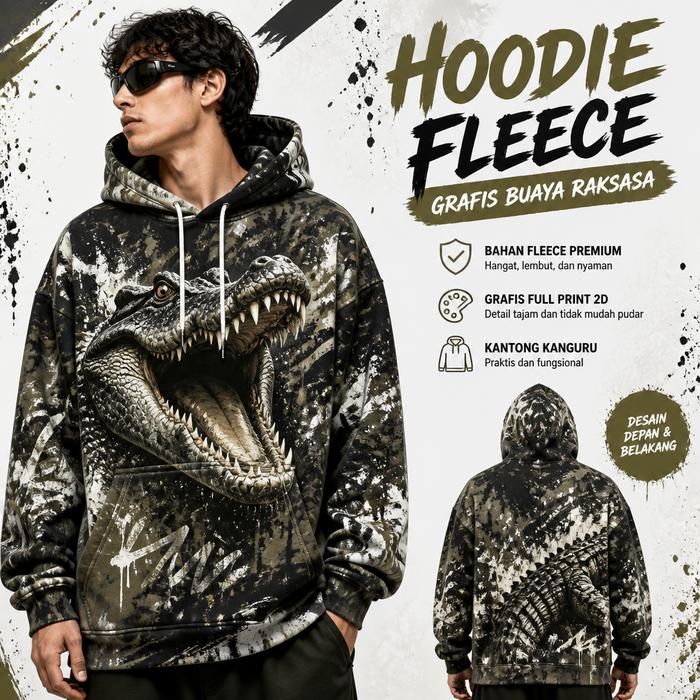 Hoodie Pria Motif Buaya Raksasa Full Print 2D, Jaket Hoodie Lengan Panjang dengan Tudung, Kantong Ka