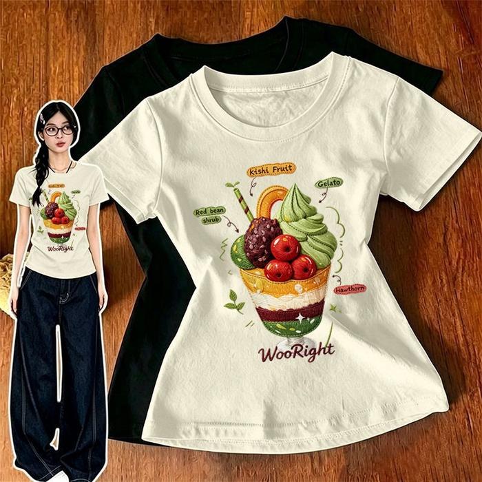 TINY Kaos Crop Top Pendek Wanita Slim Fit Warna Krem Hitam Motif Es Krim Buah Ilustrasi Vintage Gaya