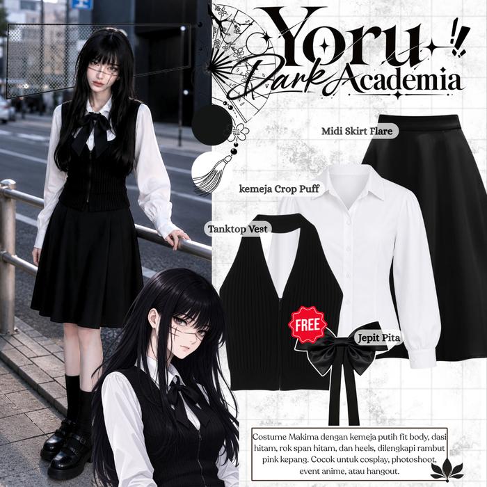 Yoru Dark Academia Setelan Cosplay Yoru Asa Mitaka (Kemeja + Vest + Rok + Pita) Outfit Yearbook - Ou