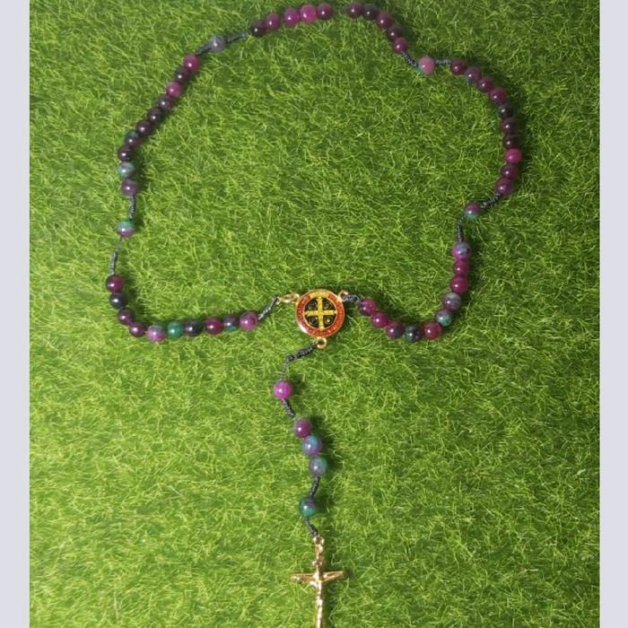 Kalung Rosario Batu Tanzanian Ruby Salib Gold Plated 24 k