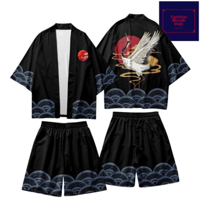 Kimono jepang harajuku set setelan celana pendek unisex pria wanita jumbo besar ukuran lengkap xxs x