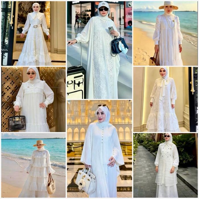 SHELLASAUKIA ORI GAMIS SUTRA PUTIH HEKTAR LEBARAN DRESS TERBARU ORI AMANAH Artis Kartika Putri SET O