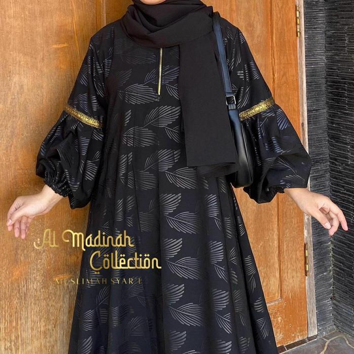Abaya Shiva Basic Fortaleza Embos Lengan Pita Renda Gold Wanita Muslim Gamis Mewah Hitam - Daun, All