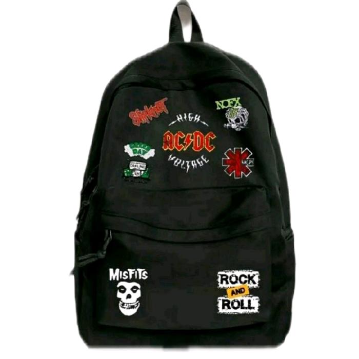Tas Backpack Pria Wanita dengan Desain Rock and Roll dan Logo AC/DC Hitam Ransel kece tasse kolah