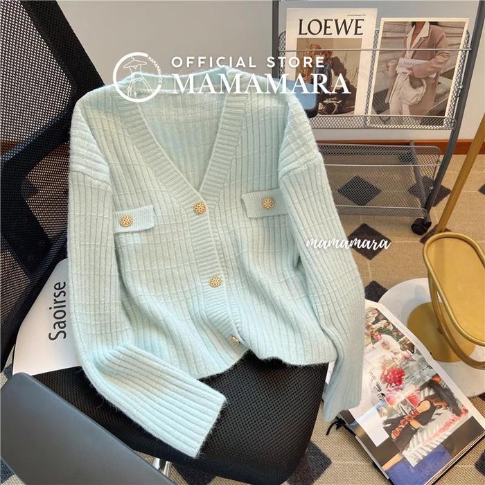 MAMAMARA - ATASAN RAJUT WANITA PASTEL LENGAN PANJANG SIMPLE CLASSY MOTIF BALOK CARDIGAN KNITWEAR BAS