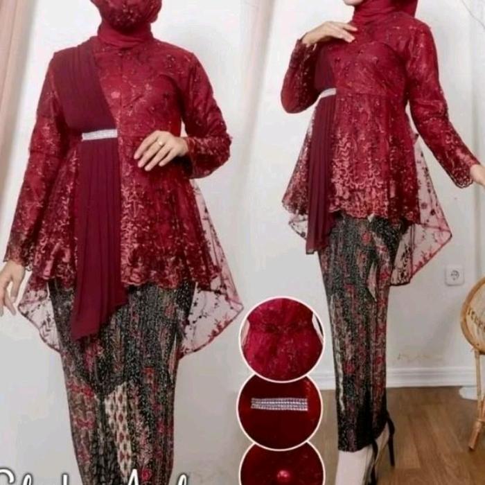 Kei Kebaya Aurora Selendang Modern Baju Panjang Mewah Batik Tunik Dewasa Setelan Brokat Tille Premiu