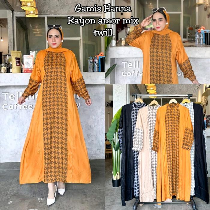 BAJU GAMIS DRESS HANA MATT RAYON AMOR MIX TWILL Dress Muslim Wanita Abu Hitam Putih Cream Cantik