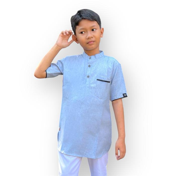 Baju Koko Kurta Anak Usia 1-14 Tahun Model Kombinasi Strip Hitam Kerah Mandarin Lengan Pendek Agamis