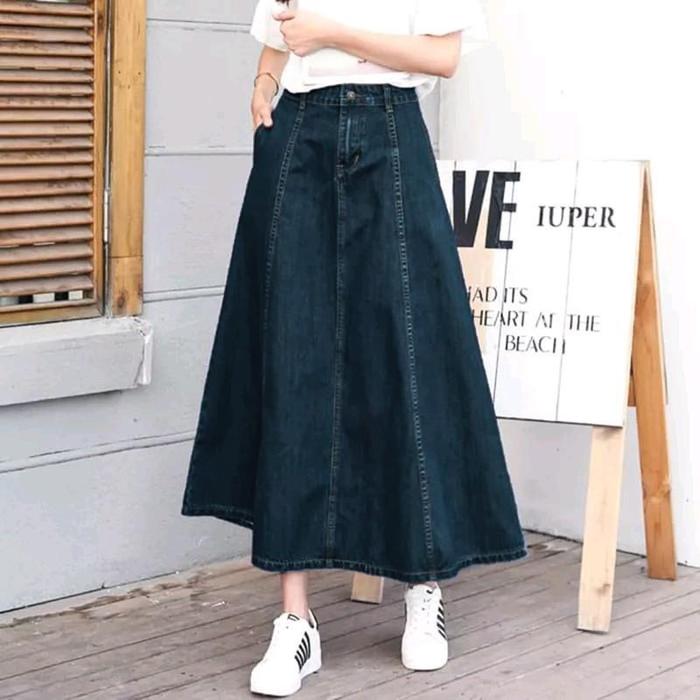 AQILA Rok Jeans Skrit Wanita Panjang Dewasa ReLow dengan Kancing Aktif dan Saku Kanan Kiri Bahan Jea