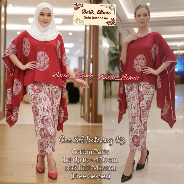 Batik Ethnic One Set #3 Batwing & Rok Lilit Manual Batik Cotton Paris Ld Up to +130 cm Free Gesper
