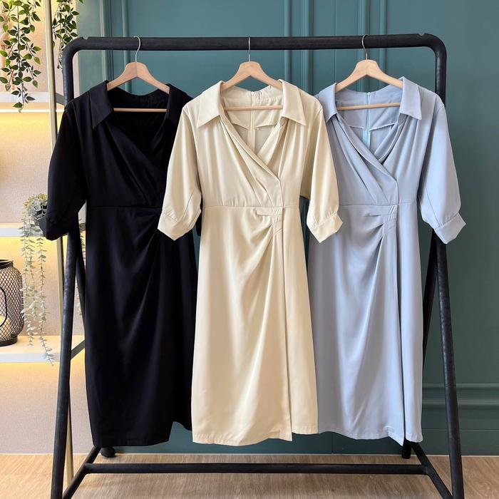 D1507 Choshi Vintage Midi Dress Simple Polos Casual Formal Kantor Pasti Ori