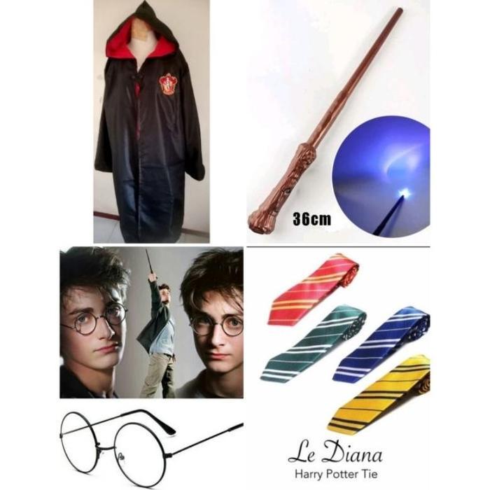 Satu Set Kostum Jubah Harry Poter Satu Set 4 Item Jubah Hary Potter Jubah Dasi Tongkat Kacamata Tong