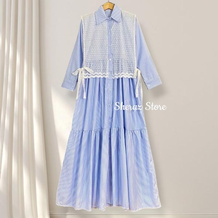 Kania S M L XL XXL Gamis Dress Katun Salur Mix Vest Brokat Wanita Remaja Kekinian Jumbo Ld 120 - 92