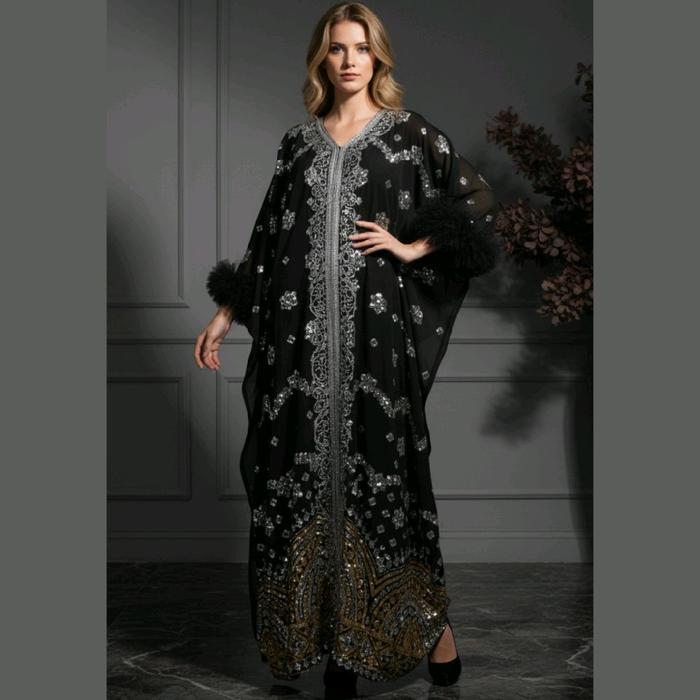*NEW* Gamis / Kaftan / Dress Pesta Wanita Ceruti Hitam brokat bordir Sequin Perak (Silver) Emas (Gol