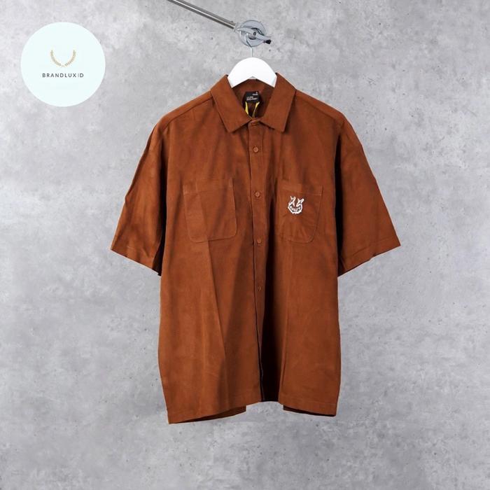 Ric Ricky is Clown x Pocket White Suede Short Sleeve Shirt in Brown & Navy