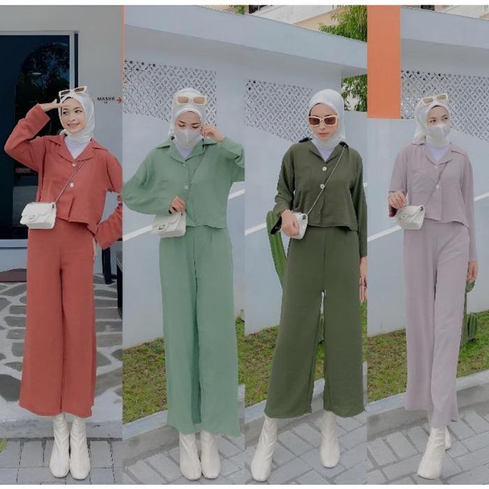 NEW One set Crinkle Setelan Crop top Blezer - one set wanita kekinian YPD