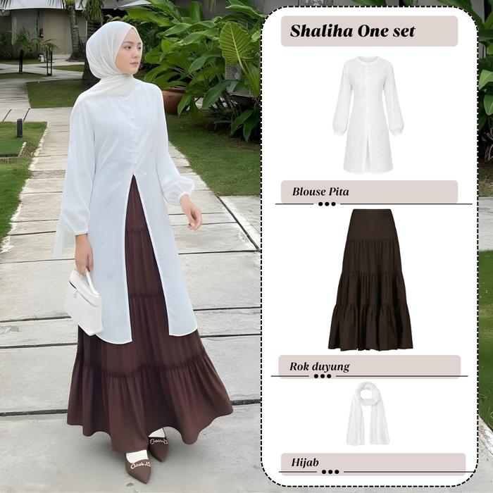 OOTD Lebaran 3 in 1 Outfit Clean Look ( Rok Susun + Tunik + Hijab ) One Set Remaja Hangout Kekinian 