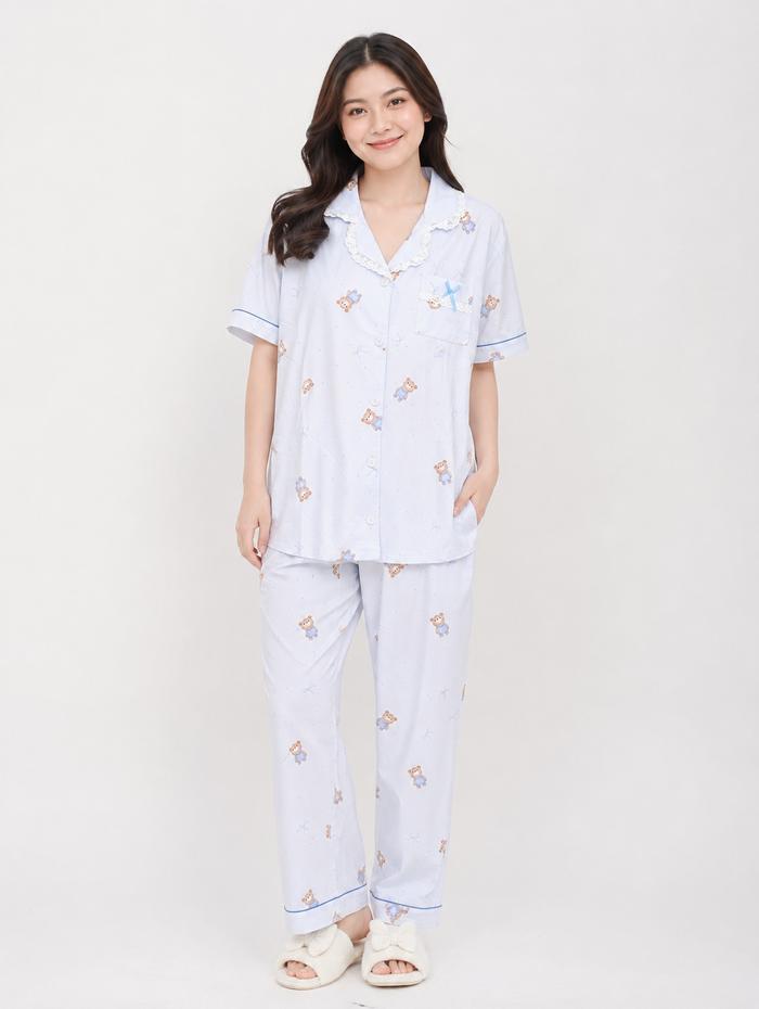 Piyama Teddy Bear Wanita Premium Baby Blue | Sleepwear Korea Motif Beruang Lucu