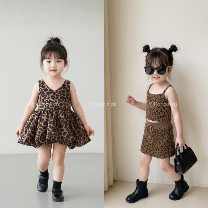 One Set dan Dress Anak Perempuan Motif Macan Dress Fashion Outfit Anak Baju Pergi Jalan-Jalan Dress