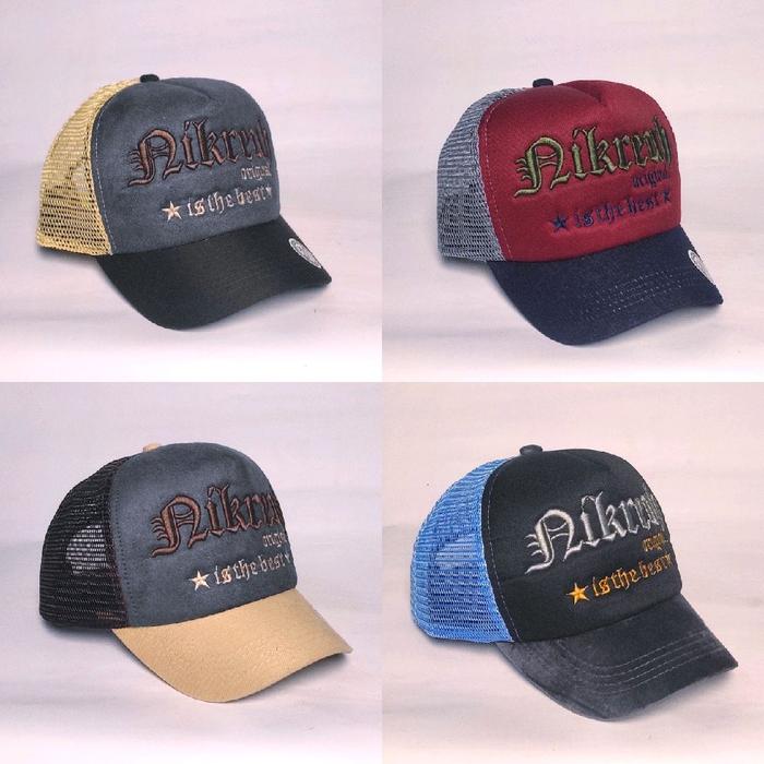 uEx - TOPI JARING TRUCKER VISOR PENDEK KOMBINASI BORDIR NIKREUH TIMBUL MATERIAL COTTON ADJUSTABLE UN