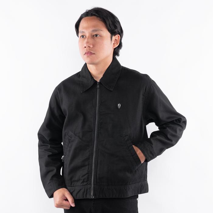 MATERNAL DISASTER Jaket Trucker Morpea Black Washed Zipper Denim Original Pria Kombinasi Leather Bah