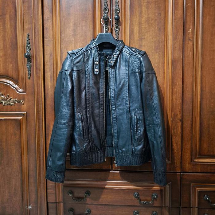 MANGO Man Sport Caferacer Leather Jacket Jaket Kulit Hitam Pria Motor Racer Slim Fit