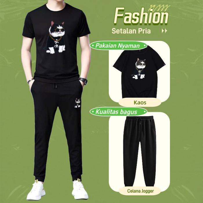 【Setelan】Kaos Pria + Celana jogger / Cowok Distro Original dan Celana panjang One Set Pria