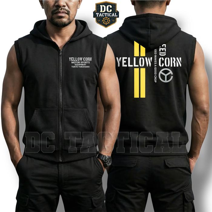 Vest Hoodie Jumper Yellow Corn Tanpa lengan/lekmong Hitam fleece 280gsm