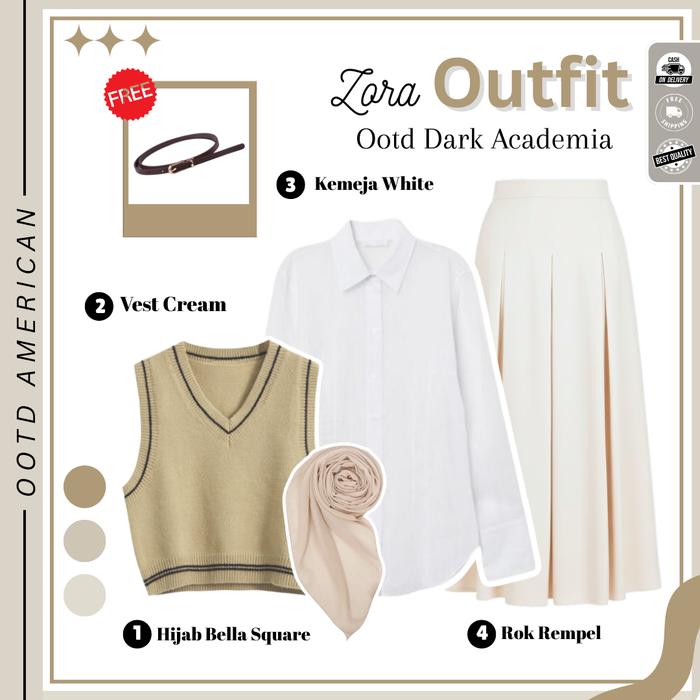 Outfit Yearbook Dark Academia ( Belt + Hijab + Vest + Kemeja + Rok Remple ) One Set Ootd Dark Academ
