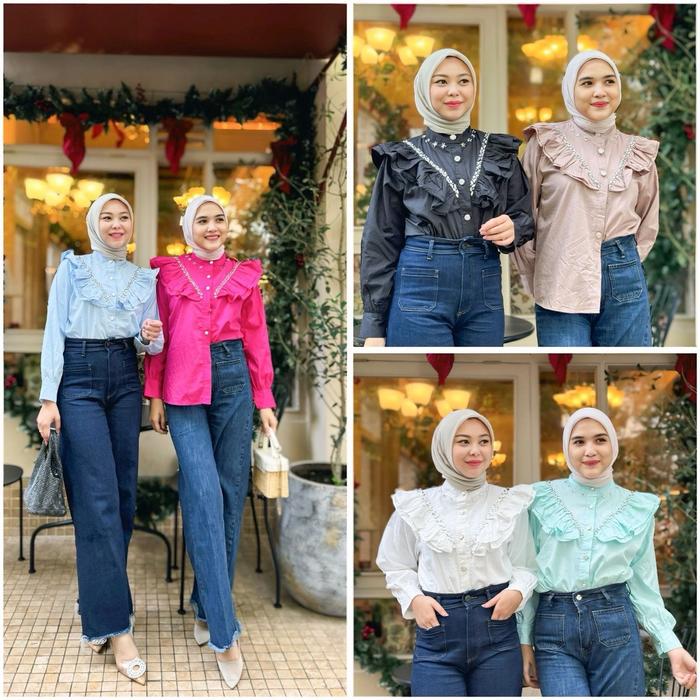 CherryOfficial KD.A450 Atasan Kemeja Polos Wanita Lengan Panjang Mix Payet