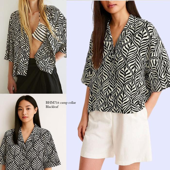 CAMP COLLAR BLACK LEAF H716M Top Baju Atasan Blouse Kemeja Wanita