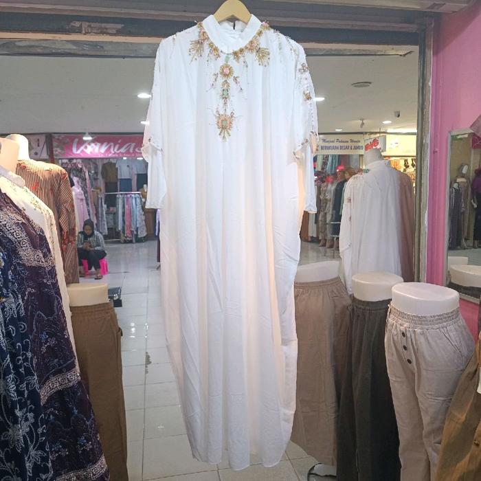 Pakaian Wanita Kaftan Putih - Model Terbaru - Dress, Lebaran, Atasan, Gamis, Remaja, Rayon, Hitam, D