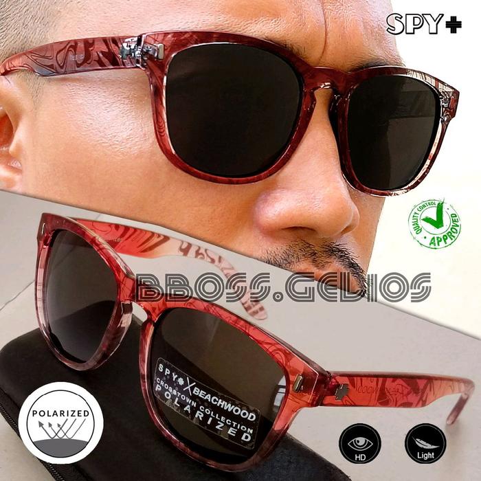 KACAMATA HITAM POLARIZED PRIA ORIGINAL SPY+ BEACHWOOD DARK BLACK SUNGLASSES WANITA EYEWEAR RED WOOD 