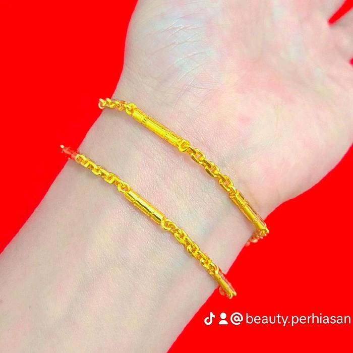 Gelang bambu rantai tulang, dilapis emas asli 24karat, dibalut dengan kristal premium
