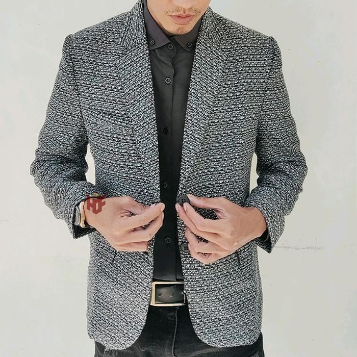 AECO Jas dan Blazer Pria Tweed Hitam Slimfit - 