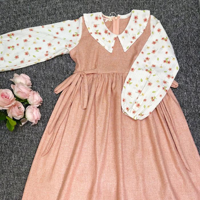 Dress panjang anak perempuan Gamis Adara usia 2-8 tahun kombinasi bahan katun madina dan crinkle