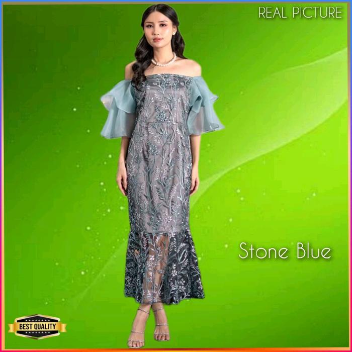 Baju Gaun Pesta Wanita TM067 Blouse Natal Tile Bordir Midi Dress Stone Blue